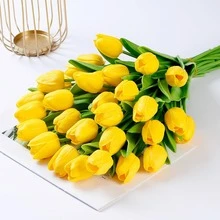 40 Stück künstlicher Tulpen Strauß, Faux Mehrfarbige PU Tulpen, realistische Faux Blumen Anordnung, Heimdekoration, Hochzeitsdekoration, verstellbare Stiele, lebendige Blütenblätter - Gelb - Übersicht 2