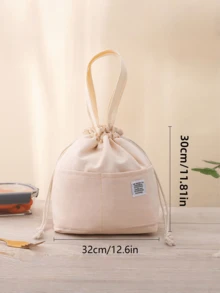 1pc Canvas Bento Bag, Simple Design, Student Office Worker, Hand-Held Drawstring, Aluminum Foil Insulated Bag, Lunch Box Bag - Multicolor - View 2
