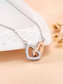 优雅双心吊坠项链，镶嵌合成立方氧化锆，百搭耐用，圣诞节、情人节、生日礼物、珠宝礼品，女士吊坠项链 - 銀色 - 查看 1