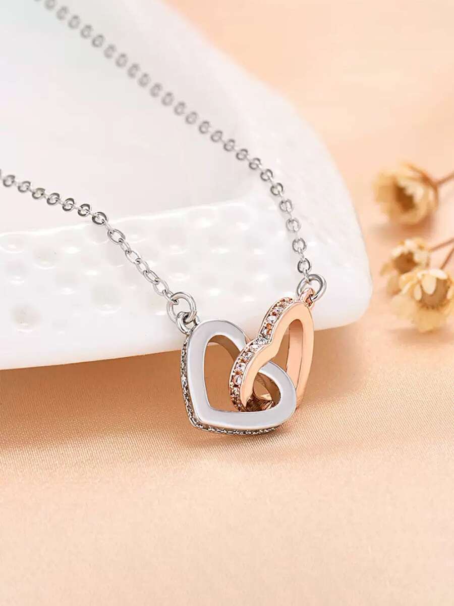 优雅双心吊坠项链，镶嵌合成立方氧化锆，百搭耐用，圣诞节、情人节、生日礼物、珠宝礼品，女士吊坠项链 - 銀色 - 查看 1