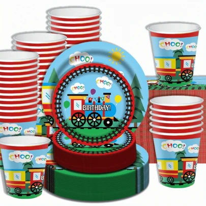 64pcs Train Birthday Themed Disposable Tableware Set, Perfect For Valentine's Day, Back-To-School Season ,Camping, Patio Barbecues, Picnitc, Bbq, Wedding, Bachelorette Party, Party And Birthday