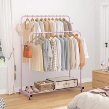 Adjustable Double Rod Clothing Organizer With Wheels And 4 Hooks – Mobile Garment Rack For Hanging Apparel, Multi-Use Closet Solution For Bedroom Storage - 粉色 - 查看 3