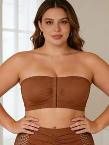 Plus Size Women's Strapless Bandeau Bra – Seamless Invisible Push-Up, Front-Closure Wireless Comfort, Back Mesh For Slimming & Support – 3-Row Hook, Ultra-Stretchy Off-Shoulder Solid Color Underwear - 棕色 - 查看 5