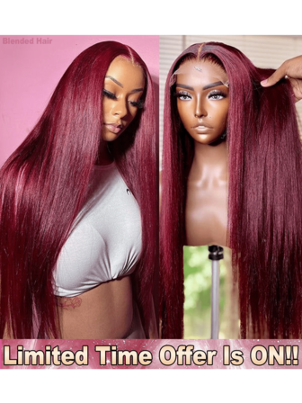 200% Density 34 Inch 13*4 Straight HD Lace Front Wigs - Brazilian Virgin Pre Ironing Pre Pulling Pre Cutting Lace Frontal Wigs Glueless Around Baby Hair - Natural Hairline Pre Plucked Pre Bleached No Glue Needed No Skills Middle Part Wigs Frontal Glueless Wigs For Women - #99J BUG Wine Red Burgundy Color Wigs Blended Frontal Human Hair Wigs Glueless Weaves Wigs For Women Daily Use
