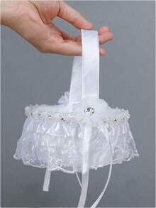 1pc White Flower Girl Basket, Suitable For Wedding Occasions