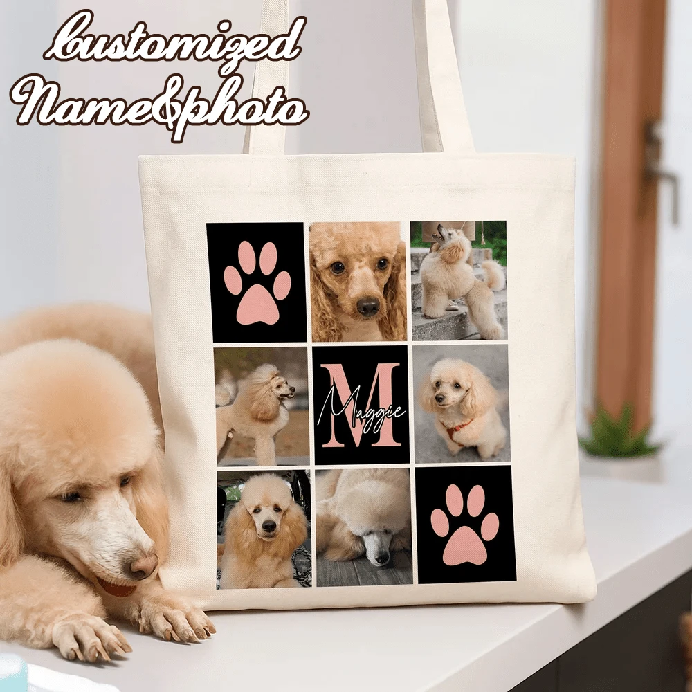Personalized Pet Paw Print Large Capacity 9-Compartment Canvas Tote Bag, With Pet Name And Initial, Pet Lover Owner Birthday New Year Gift - Multicolor - View 1