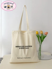 Slogan Graphic Canvas Shopper Bag School Bag For Graduate, Teen Girls, Freshman, Sophomore, Junior & Senior In College, University & High School, Perfect For Outdoors ,Travel & Back To School - Beige - View 4