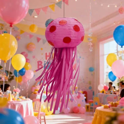水母造型纸灯笼，海洋主题派对装饰，卧室/房间悬挂式灯笼，适合返校季、情人节、海洋主题生日派对、性别揭晓派对、餐桌装饰，营造梦幻氛围，浪漫温馨，甜蜜温馨，儿童节、复活节、暑假/寒假、周末、夏季、返校季、毕业典礼、生日派对等场合，悬挂式设计。