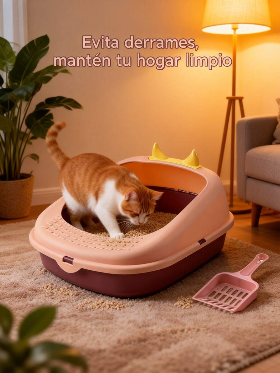 Bonita caja de arena para gatos con pala y diseño cerrado a prueba de salpicaduras.