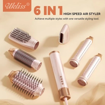 UKLISS Styliseur à air chaud 6-en-1, brosse à boucler et lisser automatique | Moteur sans balais haute vitesse 110 000 tr/min | 200 M d'ions négatifs (anti-frisottis/statique) | Chauffage rapide haute puissance | Multiples styles (boucles/ondulations/lissage/volume racines/boucles rentrées/boucles sortantes/frange air) | Coiffure durable | Convient à tous les types de cheveux | Cadeau parfait pour Noël et Nouvel An (maison/quotidien/déplacement/voyage/rendez-vous/fête/mariage/salon/spa/événements professionnels/rassemblements de vacances)