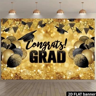 2D平面毕业派对背景幕布，黑金配色，包含毕业帽、气球、三角旗、亮片等元素，可作派对装饰或拍照背景，涤纶材质，无需电源