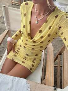 Women's Fashion Sexy Swimsuit Cover Up, Polka Dot Print With Turtleneck Long Sleeve One-Piece Swimdress, Suitable For Pool Party And Beach Vacation Summer - Yellow - View 2