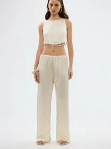 Women's Satin Silk Wide Leg Pants Low Waist Baggy Pants Lounge Bottoms Streetwear - 米色 - 查看 9
