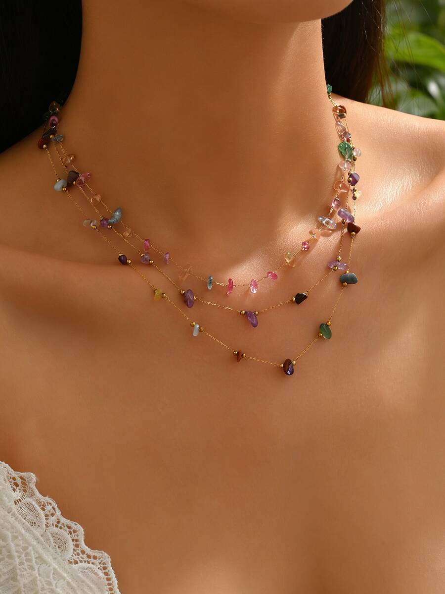 1件可爱波西米亚风彩色宝石吊坠项链，不锈钢女士锁骨链项链，天然宝石设计，适合女士日常佩戴、派对佩戴或夏季海滩佩戴，完美礼物 - 金色 - 查看 1