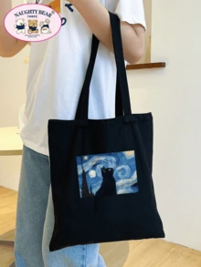 1 件黑色时尚猫和星空印花女士帆布手提包，便携式购物袋，适合旅行，轻便，便携，容量大，适合少女、女大学生，非常适合返校、大学、初中、高中 - 黑色 - 查看 4