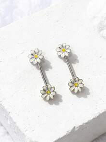 2pcs Elegant Sparkling Cubic Zirconia Heart, Flower, Butterfly, Moon Hoop Earrings, Stainless Steel Barbell Nipple Rings Body Piercing Jewelry - Silver - View 3