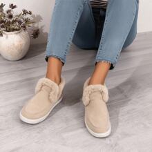 Women's Winter Plush-Like Penny Loafers - Soft Warm Round-Toe Slip-On Shoes With White Rubber Sole & Cozy Fabric Insole, Hand Washable Indoor/Outdoor College Style Low-Cut Flats For Cold Weather - Beige - View 2