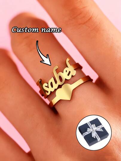 1pc Customized Stainless Steel Heart-Shaped Name Ring, Vintage Elegant Adjustable Open Name Ring, Unisex, Customizable, Customized Jewelry, Name Ring, Suitable For Daily Wear, Friendship Gifts, Gifts For Loved Ones, Customized Christmas Gifts, Halloween Gifts, Anniversary Gifts, Birthday Gifts, Also Suitable For Family And Friends