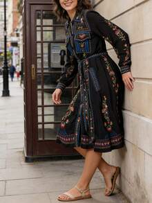 1Pcs Women Floral Elegant  Boho Button Belted Vintage Floral Lace-Up Long Sleeve Mid-Length Shirt Dress,Vintage Retro Causal Daily Midi Dress, Spring/ Summer Clothing - 藏蓝色 - 查看 2