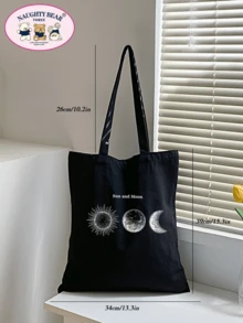 Bolso tote minimalista con patrón geométrico de lona compras - Negro - Ver 7