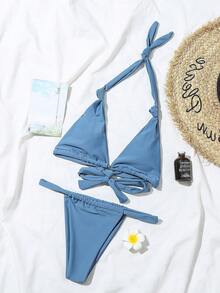 2pcs/Set Women's Sexy Ruched Lace Backless Beach Bikini For Summer Vacation - Dusty Blue - View 3
