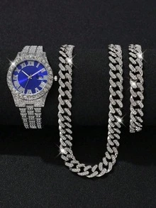 3 Stücke/Set Herren Edelstahl Armbanduhr mit klassischem römischen Zifferblatt, Kalenderfunktion, blaues Zifferblatt, Quarzwerk, geeignet für den täglichen Gebrauch und Dekoration, auch als Geschenk für Freunde oder den Vater zu Feiertagen - Blau - Übersicht 6