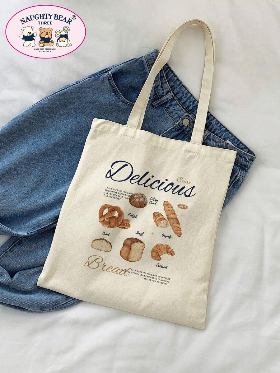 1個時尚米色帆布手提袋,印有麵包和字母設計,女性購物袋 - 米色 - 查看 1