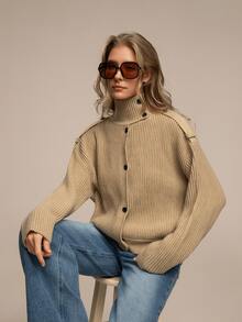 Áo len cardigan cổ cao giản dị thời trang mới dành cho nữ - Màu xanh Ô liu - Xem 2