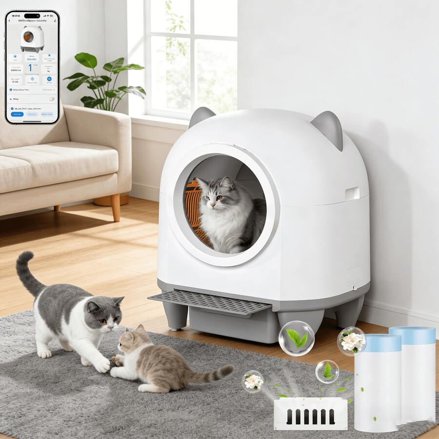 DEVOKO 90L Self-Cleaning Cat Litter Box – Automatic, Pet-Friendly Cat Litter Box With Cute Ear Design, 8.5-Liter Collection Container & App Control