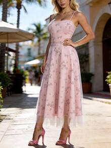 Pink Floral Print Slip Dress, Women's Elegant Mesh Patchwork Mid-Length Dress, Suitable For Dates - Pink - View 8