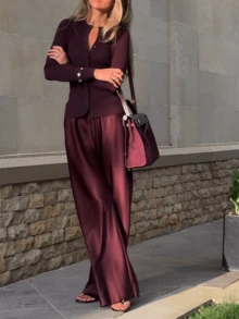 Women's Satin Silk Wide Leg Pants Low Waist Baggy Pants Lounge Bottoms Streetwear - Cà phê đen - Xem 3