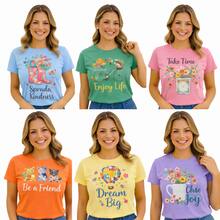 Kit 4 T-shirt Feminina Camiseta feminina casual de manga curta, gola redonda, estampadas e sortidas - Multicolorido - Visão 1