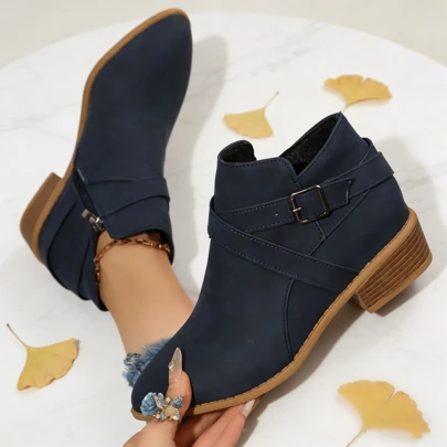 Women's Side Zipper Leather Ankle Boots With Buckle Closure, Pointed Toe, Chunky Heel, Casual & Commute Style, Multi-Color Leather Chelsea Boots For Spring & Autumn