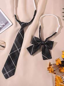 1 Set Classic School Uniform Navy Blue Plaid Tie & Bow Tie Combo - Multicolor - View 5