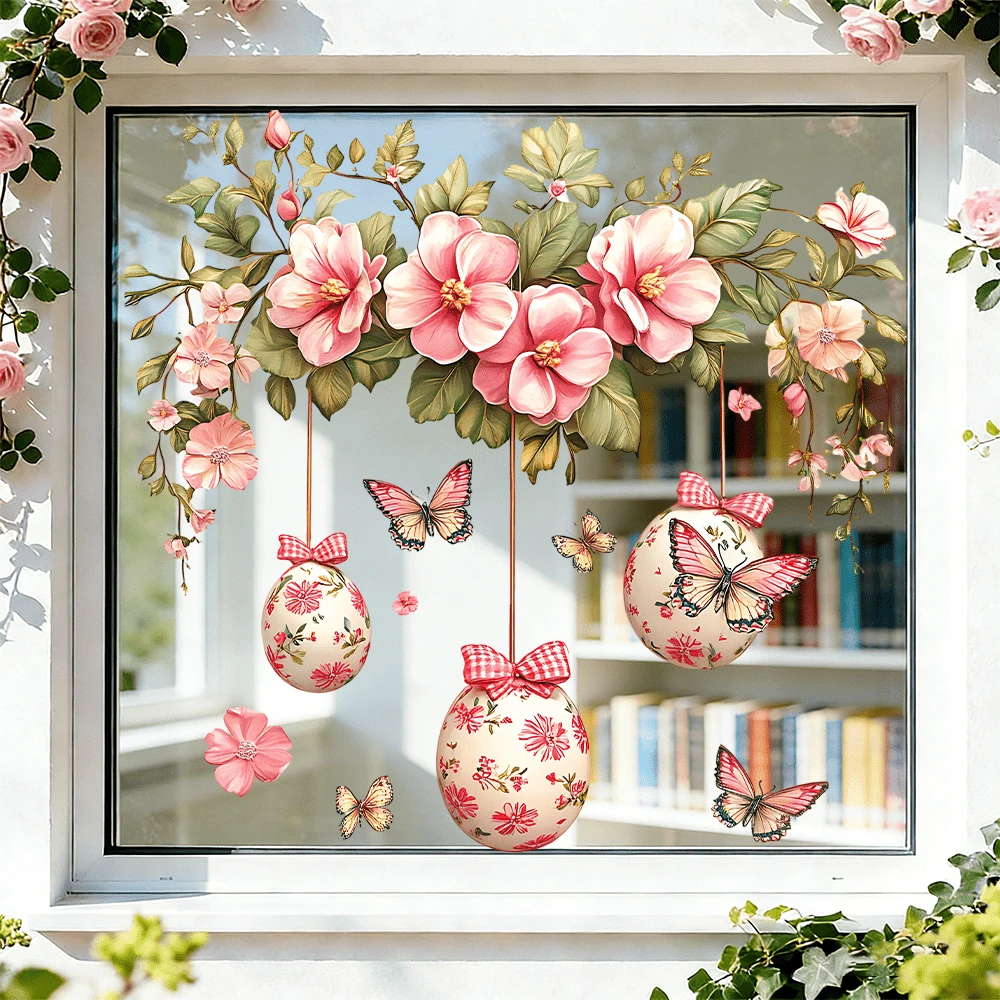 Bộ 3 miếng dán cửa sổ hình trứng Phục Sinh họa tiết dây leo hoa mùa xuân, decal PVC dán tĩnh điện tái sử dụng, trang trí lãng mạn cho phòng ngủ, cửa kính trượt, quà tặng tiệc tùng ngày lễ. - Nhiều màu - Xem 1