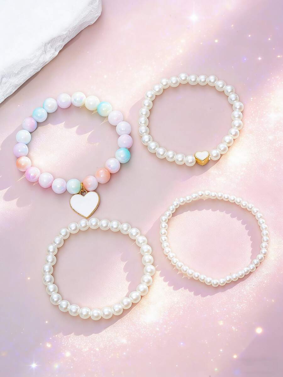 4件套女孩珍珠心形吊坠手链套装，节日礼物 - 均碼 - 查看 1
