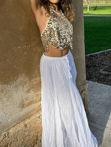 Womens Halter Sequin Tank Top Backless Tie Up Sparkly Crop Top Sleeveless Glitter Party Tops Clubwear - 金色 - 查看 8