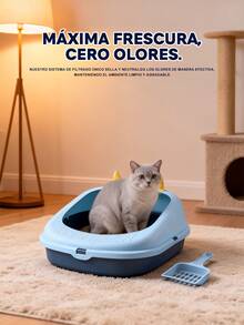 Bonita caja de arena para gatos con pala y diseño cerrado a prueba de salpicaduras.