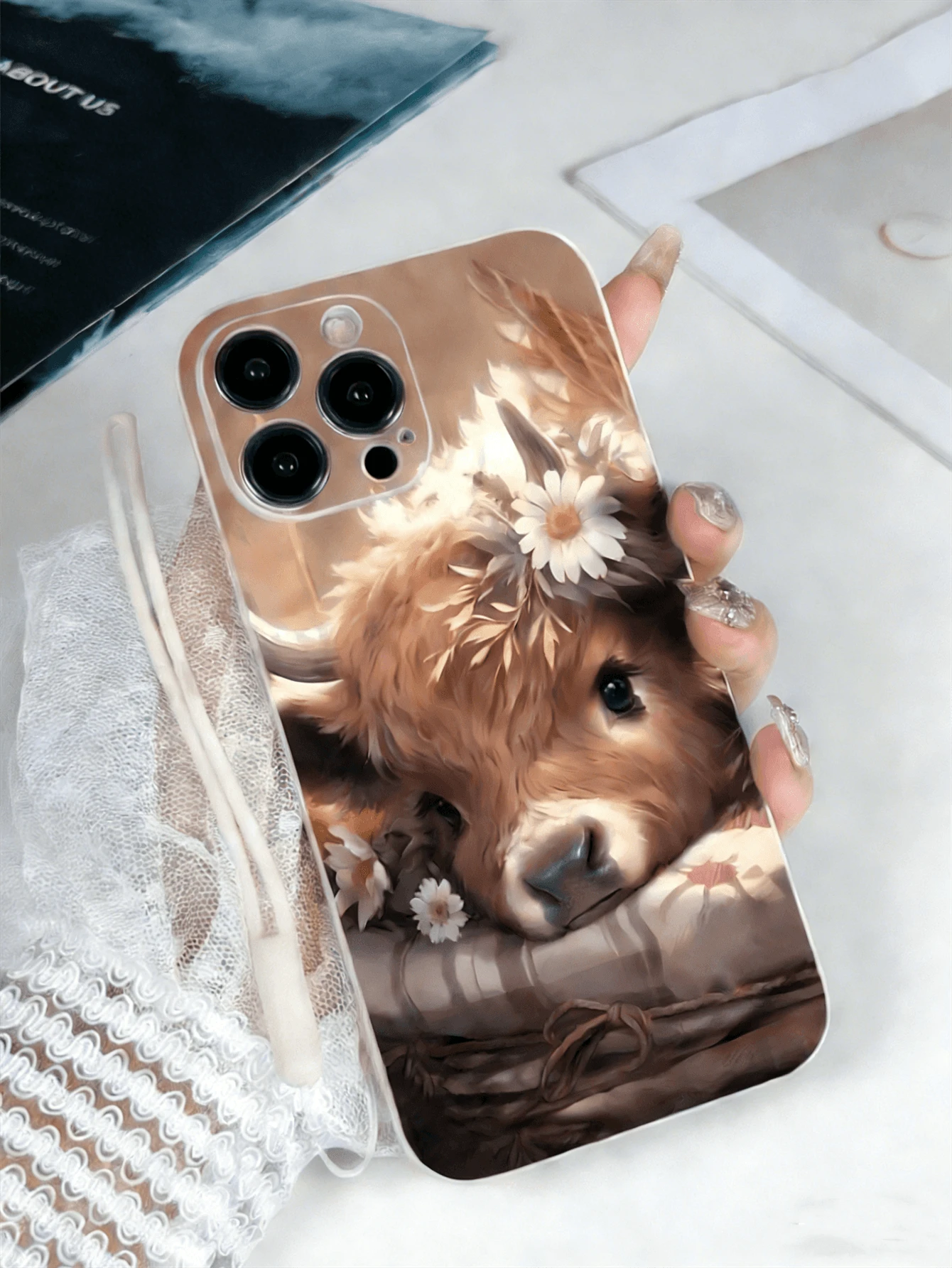 1pc White TPU Cute Cow Pattern Shockproof Phone Case And 1pc White Silicone Wrist Strap - Multicolor - View 1