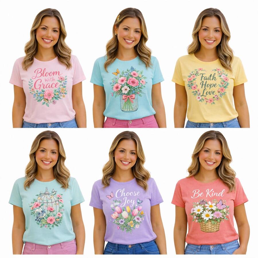 Kit 2 Camiseta feminina estilosa de manga curta e gola redonda com estampas vibrantes de flores, borboletas, perfeita para o verão. - Multicolorido - Visão 1