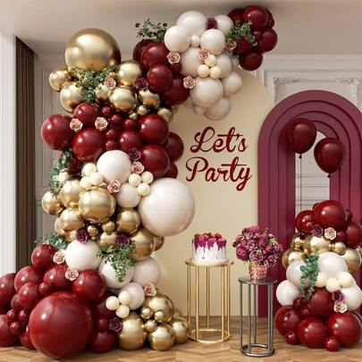 Garnet Red Metallic Gold Vintage Sand White Latex Balloon Garland Arch Set For Burgundy Theme Engagement Wedding Welcome Baby Shower Bride-To-Be Christening 18 30 40 50 60 70 Happy Birthday Anniversary Party Decoration Supplies