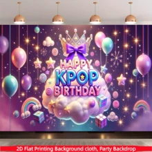 1pc 2D K-Pop Themed Birthday Celebration Backdrop Curtain, Made Of Polyester Fabric, Suitable For Living Room, Bedroom, Office, Birthday, Anniversary, Home Decor, Indoor/Outdoor Party, Photography Background, K-Pop Themed Birthday Party Supplies - Multicolor - View 2