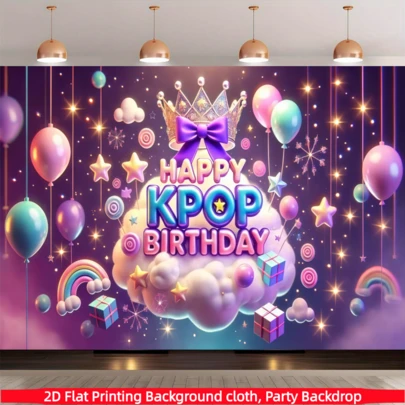 1pc 2D K-Pop Themed Birthday Celebration Backdrop Curtain, Made Of Polyester Fabric, Suitable For Living Room, Bedroom, Office, Birthday, Anniversary, Home Decor, Indoor/Outdoor Party, Photography Background, K-Pop Themed Birthday Party Supplies