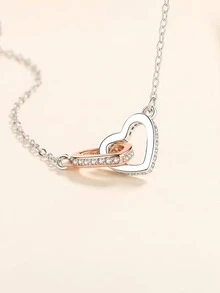 优雅双心吊坠项链，镶嵌合成立方氧化锆，百搭耐用，圣诞节、情人节、生日礼物、珠宝礼品，女士吊坠项链 - 銀色 - 查看 7