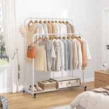 Adjustable Double Rod Clothing Organizer With Wheels And 4 Hooks – Mobile Garment Rack For Hanging Apparel, Multi-Use Closet Solution For Bedroom Storage - 白色 - 查看 1