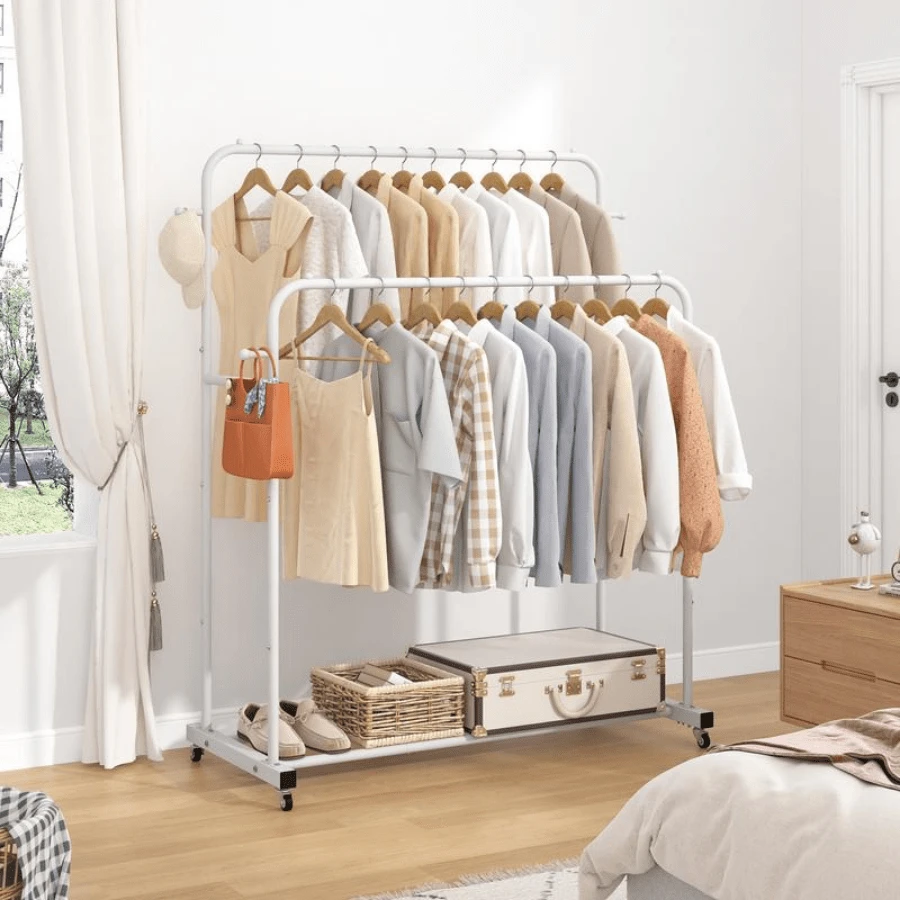 Adjustable Double Rod Clothing Organizer With Wheels And 4 Hooks – Mobile Garment Rack For Hanging Apparel, Multi-Use Closet Solution For Bedroom Storage - 白色 - 查看 1