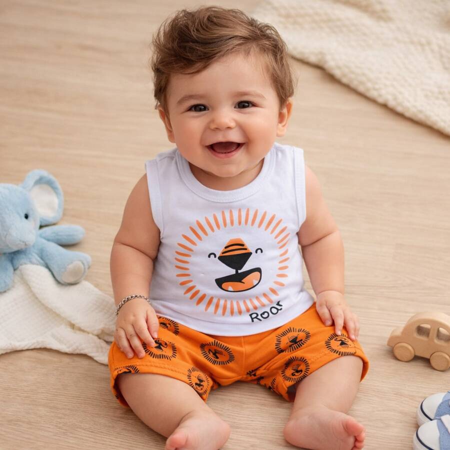 Avaliando Conjunto Infantil de bebê menino leão rooar Regata + shorts verão estiloso lançamento - Laranja - Visão 1