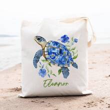 Personalized Floral Sea Turtle Reusable Canvas Tote Bag With Name, Essential For Summer Beach Vacation Travel, Women's Birthday Gift - Multicolor - View 5