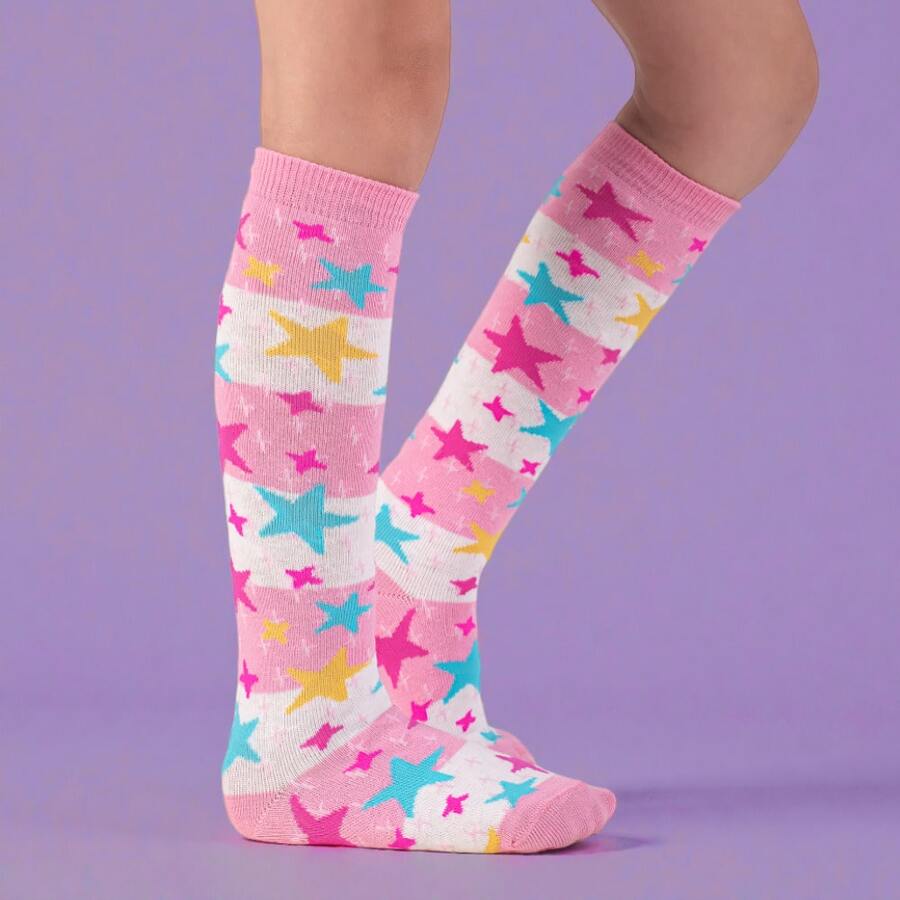 Girls' 3/4 Cotton Long Socks Set, Colorful Striped, Fashionable, Thick - 1 顆星 - 查看 1
