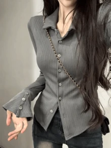 Women's Solid Color Long Sleeve Single-Breasted Casual Polo Collar Slim Fit Flare Sleeve T-Shirt, Stylish Design Blouse, Spring/Autumn - Dark Grey - View 1